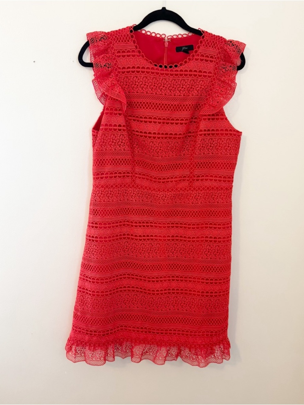 J crew Red Lace Ruffle Sleeve Shift Dress